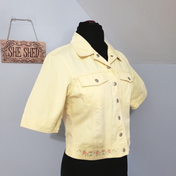 Susan Bristol Half Sleeve Snap Front Embroidered Yellow Denim Crop Jean Jacket - Picture 3 of 11